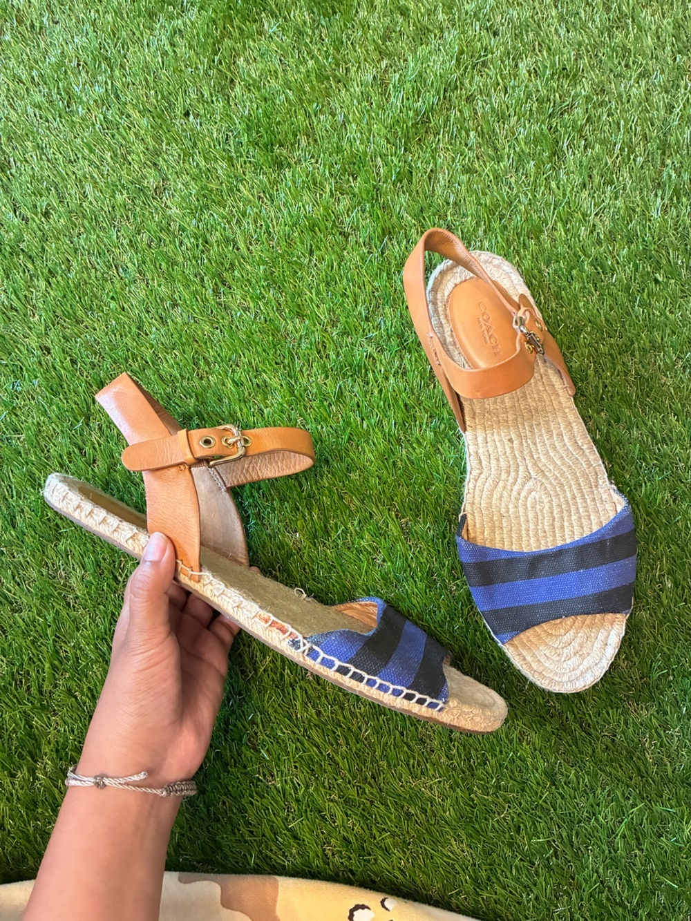 Coach Reena Blue Stripe Espadrille Sandals Leather Size 11 Coastal resortwear - Picture 2 of 9
